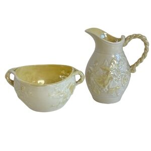 Belleek Vintage‎ Embossed Floral Cream Ceramic Cream Pitcher Sugar Bowl 3rd Mark